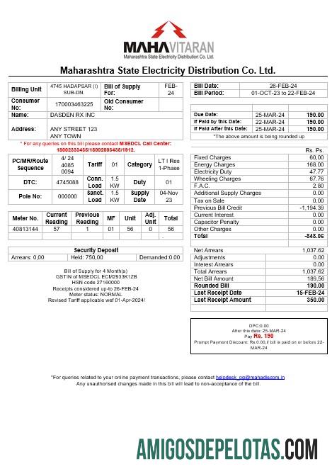 imprimível Modelo de conta de serviços públicos da Índia Mahavitaran Co Ltd em formato Word e PDF